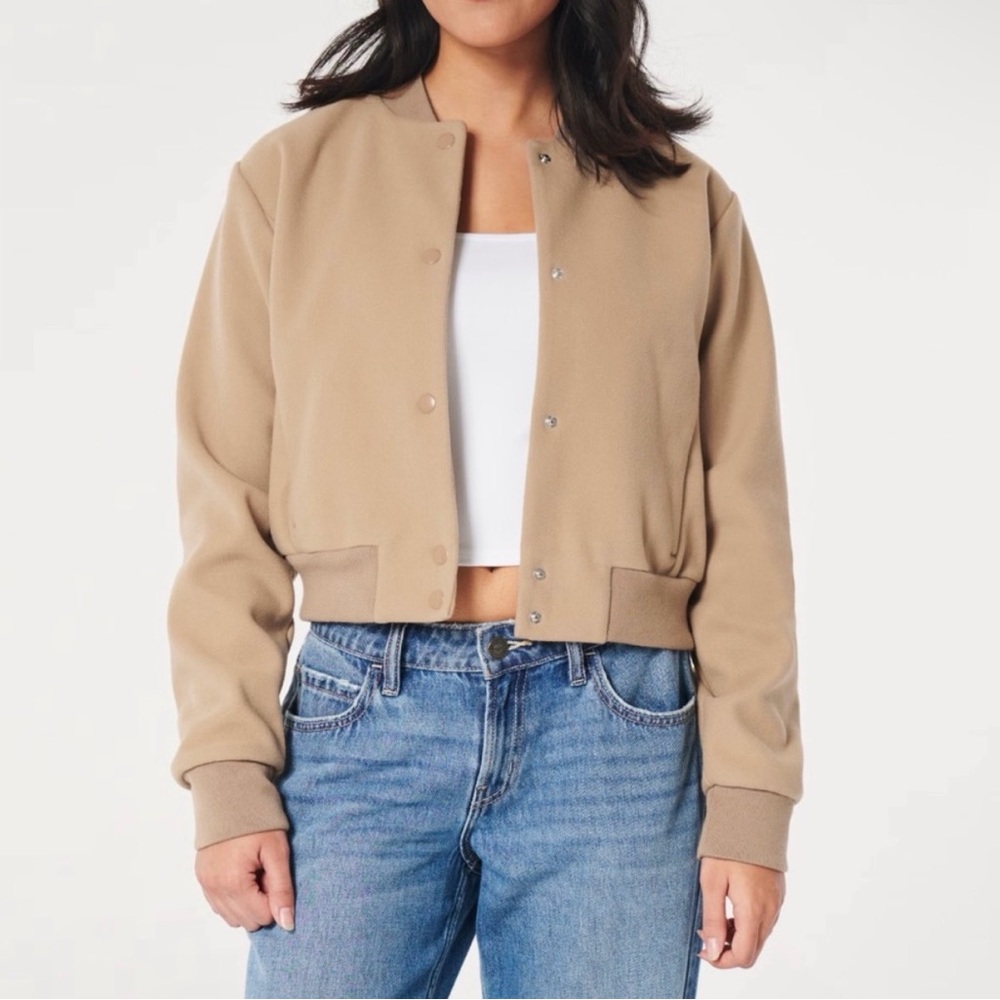 Hollister Women's Tan Faux Wool Bomber Jacket
